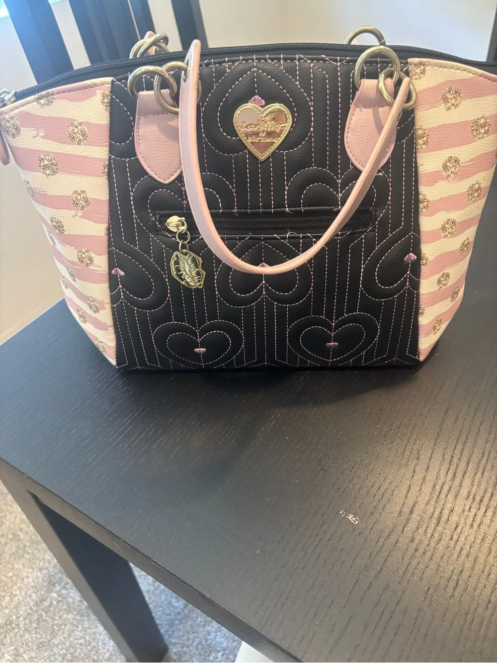 Betsy Johnson Quilted Heart Accent Tote Bag in Black and Pink